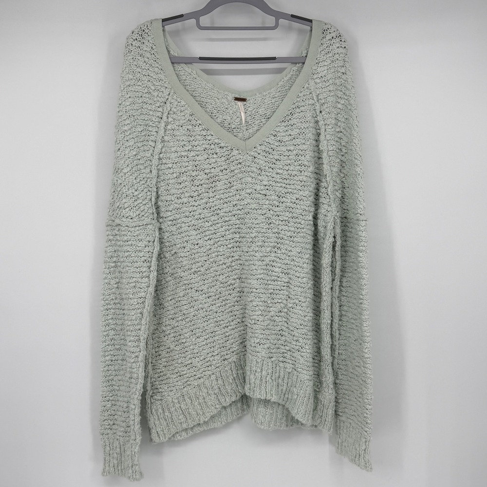 Free People Mint Green V-Neck Textured Open Knit Oversized Boxy Sweater Large